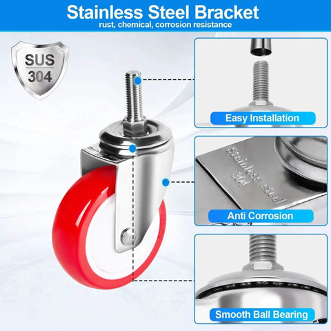 4 Inch Stainless Steel Caster Wheel With Brake Heavy Duty Non Marking Polyurethane PU Wheel Rust Resistant For Hospital Lab Furniture And Restaurant Anti Corrosion Stem Options Three Eighths Inch Sixteen UNC X One Threaded Stem Or One Half Inch Thirteen, close-up view highlighting red wheel, stainless steel bracket, and threaded stem.