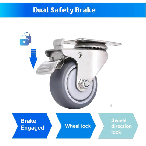 Stainless Steel Caster Wheels 2 Inch Set of 4 with 360 Degree Swivel Silent Non Marking Thermoplastic Rubber Wheels for Furniture Labs Hospitals Restaurants Anti Rust 304 Stainless Construction Easy Glide Mobility Durable and Quiet, showing safety brake.