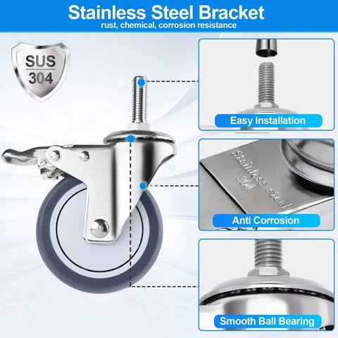 Four Inch Stainless Steel Caster Wheels With Brake, Rust Resistant Non Marking TPR Rubber, Threaded Stem Sizes Three Eighths By One Inch Or One Half By One And A Half Inches, Suitable For Hospital Lab Furniture And Restaurant, showing side view with bracket and brake mechanism