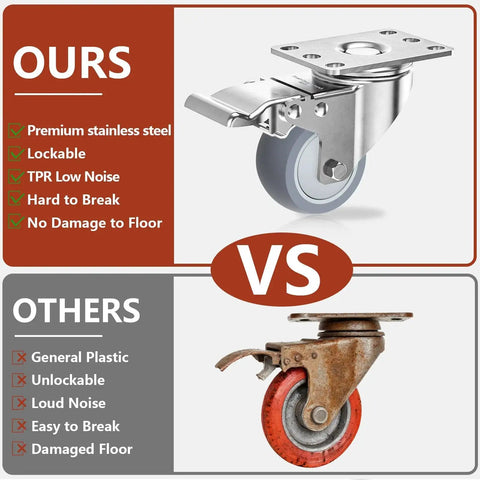 Comparison of 2 Inch Heavy Duty Stainless Steel Caster Wheels With Brake Swivel Set Of 4 and a rusted caster wheel.