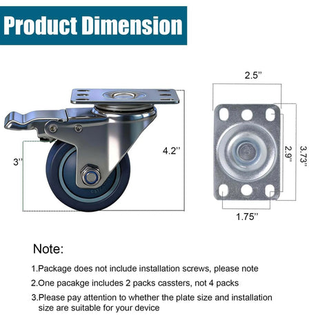 3 inch stainless steel caster wheels with total lock brake made from SUS 304, product dimensions illustration for sanitary use.