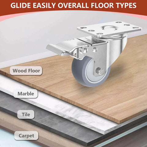 3 inch stainless steel caster wheels with brakes on various floor types: wood, marble, tile, and carpet.