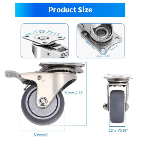 Dimensions of Stainless Steel Caster Wheels 2 Inch Set of 4 with 360 Degree Swivel Silent Non Marking Thermoplastic Rubber Wheels