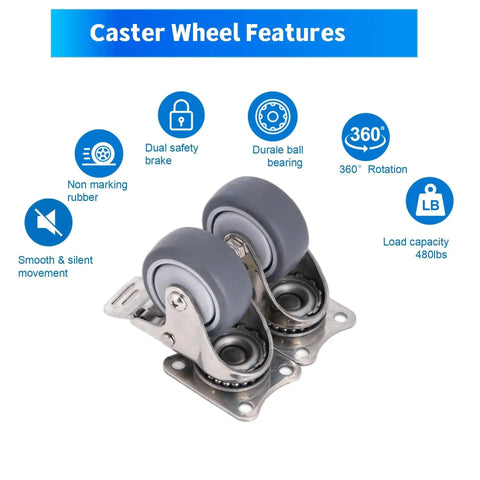 Stainless Steel Caster Wheels 2 Inch Set of 4 with 360 Degree Swivel Silent Non Marking Thermoplastic Rubber Wheels, features shown.