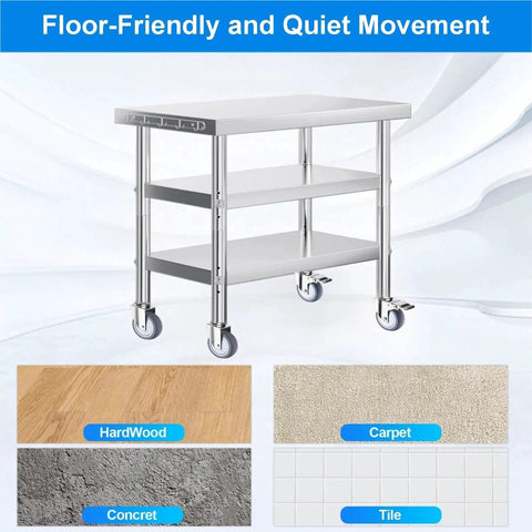 Four Inch Stainless Steel Caster Wheels With Brake on kitchen cart, suitable for various floors like hardwood, carpet, and tile