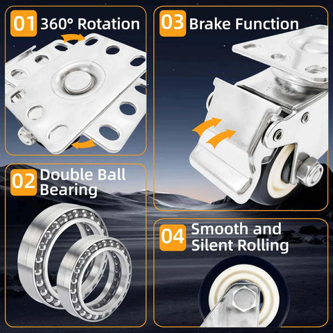 Stainless steel 3 inch heavy duty caster wheels with rust proof 304 swivel design, casters with brakes in a 4 pack with 360° rotation feature.