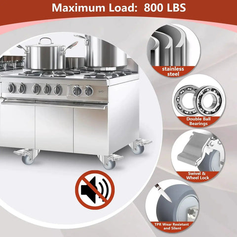 Stainless steel kitchen stove on 2 Inch Heavy Duty Stainless Steel Caster Wheels With Brake Swivel Set Of 4, 1000 Lbs Total Load.