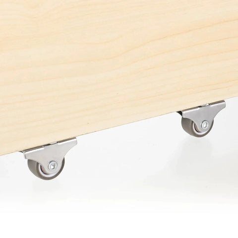 Four 1 Inch Mini Caster Wheels With Silent Ball Bearings Fixed Casters Stainless Steel Top TPE Rubber Low Profile Installed on Cabinet