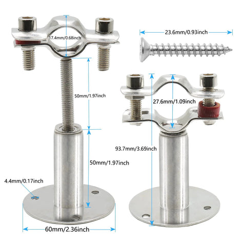 Two stainless steel pipe support brackets with screws; adjustable clamps for 19mm pipes, 60mm base plates
