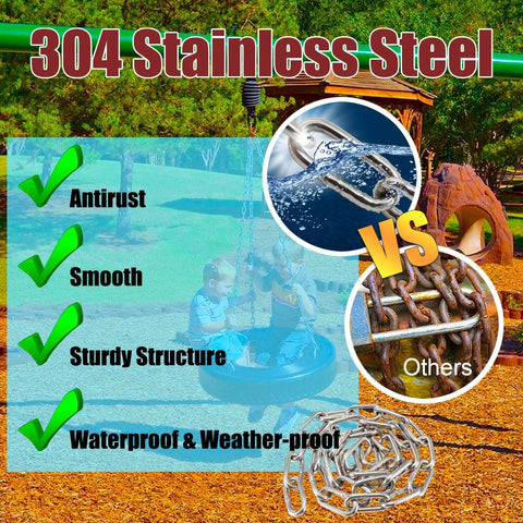 304 Stainless Steel chain vs others, highlights antirust, smooth, sturdy, waterproof features. Used in playground setting.