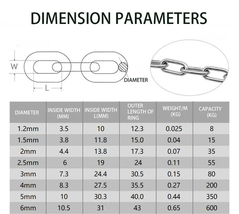 Dimension chart for ✝️ Stainless Steel Safety Chains 50CM (L) x 3MM (T) Long Link Chain Rings Light Duty Coil Chain.