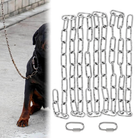 6.5Ft stainless steel link chain for dog with 2 locking snap hooks, 3mm heavy duty for 75 lbs load, alongside a Rottweiler