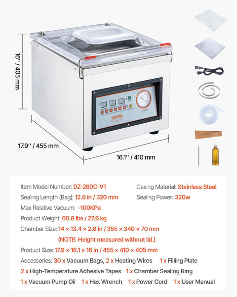 VEVOR chamber vacuum sealer, stainless steel, 320W, 12.6 in sealing length, for wet foods.