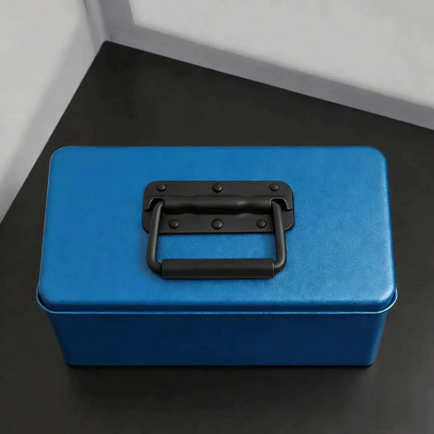 Spring Loaded Chest Handle Set Of 2 With Rubber Grip on a blue storage box, rust-resistant stainless steel with a black finish.