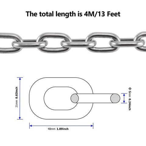 Diagram of ✝️ 1/4 Inch x 13ft 304 Stainless Steel Coil Chain, 6mm x 4mThick Proof Coil Chain, total length 4m/13ft shown.