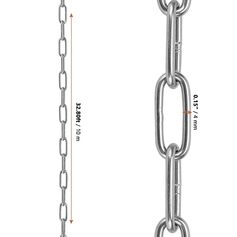 5/32 Inch x 32 Feet Stainless Steel Coil Chain Link, 4mm x 10m Proof Coil Chain, Metal Safety Chain close-up with measurements