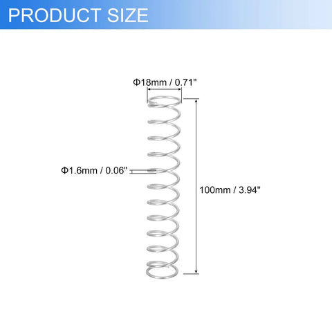 Six Pack 304 Stainless Steel Compression Springs 1.6mm Wire Diameter 18mm Outer Diameter 100mm Length Rustproof Ballpoint Pen Pressure Springs For DIY Home And Shop Repairs with product size measurements.