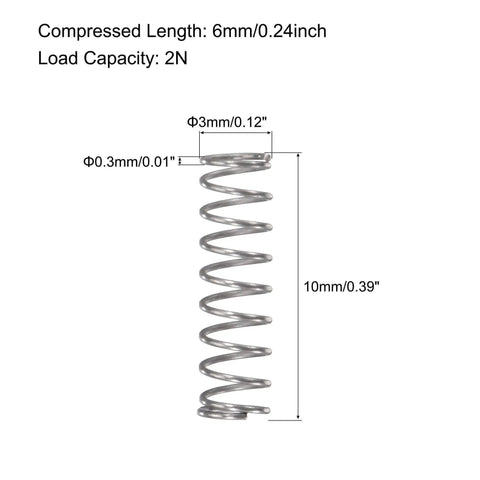 Durable 304 Stainless Steel Compression Spring With 3mm Outer Diameter 0.3mm Wire 10mm Free Length 6mm Compressed Length