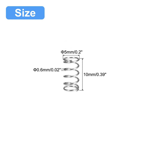 304 Stainless Steel Compression Spring Set, 5Pcs Pack, 5mm Outer Diameter, 0.6mm Wire, 10mm Free Length, Silver Tone, Size Diagram