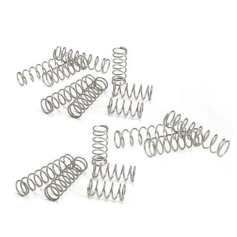 150 Pack Of Stainless Steel Compression Springs For Small Gadgets, 0.3mm Wire Diameter, 4mm Outer Diameter, 10mm Free Length, 304 Stainless Steel, Rust Resistant, Reusable And Ready To Bounce Back displayed on a white surface.