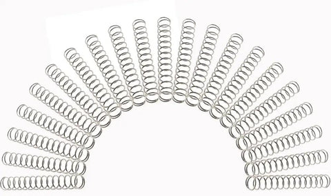 Stainless Steel Compression Springs Set, 20-Piece Assortment, 1.6 Inch Length, 0.22 Inch Outer Diameter, Silver Finish, arranged in a fan shape.