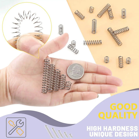 150 Pcs Five Sizes Compression Springs Assortment Kit, Mini Stainless Steel Springs illustrated in a hand for scale