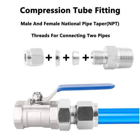 304 Stainless Steel Compression Fittings Imperial Straight Adapters 1 Piece, NPT, Three Eighths to One Quarter Inch, with Valve