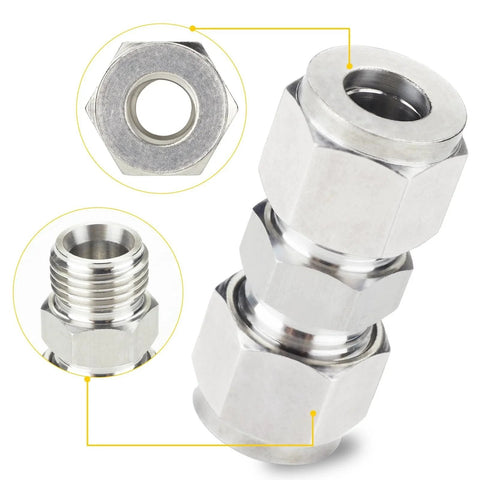 Close-up of 304 Stainless Steel Compression Tube Fitting Union With Double Ferrule, 8mm OD, showing detailed view of high strength pipe connector.