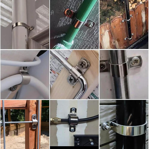 Various installations of Sturdy 20 Pack One Quarter Inch Stainless Steel Conduit Clamps U Brackets on pipes and cables.