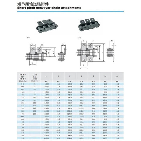 Technical diagram of Stainless Steel Short Pitch Plate Conveyor Drive Roller Chain With A1 A2 Attachments 1.5 Meter Length.