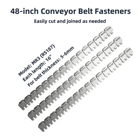 48 Inch Stainless Steel Conveyor Belt Fasteners Clips With 27 Point 5 Inch Hinge Pin for 5 to 6mm belts, three 16 inch sections, corrosion resistant