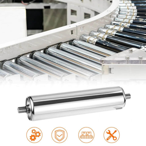 Conveyor Roller, 2" Diameter x 8" Length, Stainless Steel Gravity Transmission Part with End Caps shown on roller conveyor layout.