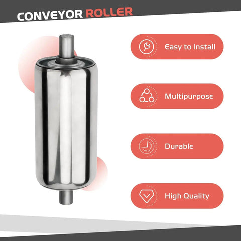 Two Pack Stainless Steel Conveyor Rollers, 2 Inch Diameter By 4 Inch Length, front view with installation benefits listed.