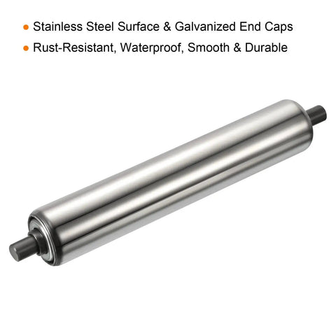Two Pack 1.5 Inch Conveyor Roller Replacement Set For Gravity Transmission Systems, showing single 8 inch stainless steel roller with galvanized end caps.
