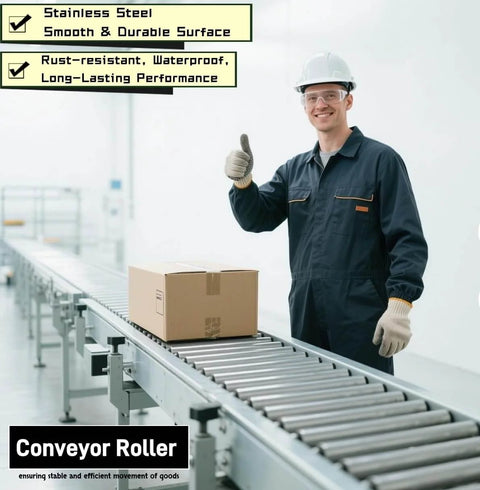 Worker operating stainless steel conveyor with box, highlighting Conveyor Roller 2" Diameter 8" Length, Heavy Duty Stainless Steel Gravity Transmission Replacement Part
