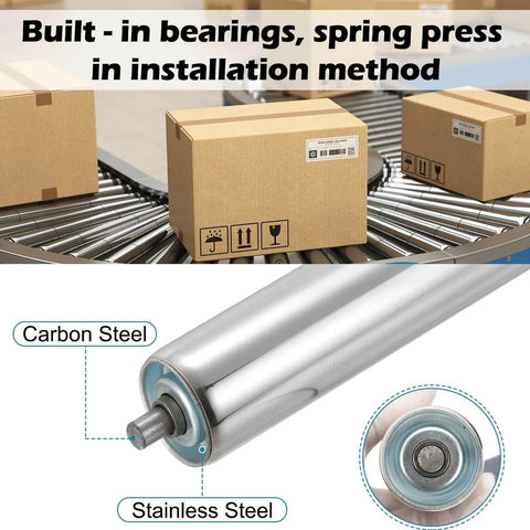 ✝️ Conveyor Roller 2" Diameter 16" Length, Stainless Steel Gravity Transmission Replacement Part Galvanized End, Silver shown with packaging on conveyor belt
