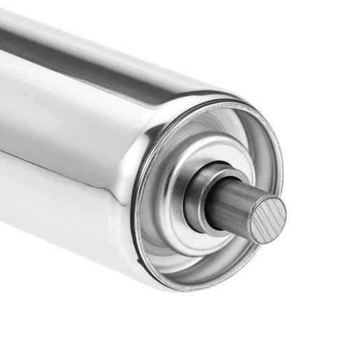 Close-up of a stainless steel conveyor roller with end caps, 2" diameter x 8" length, for roller conveyor systems, silver finish.