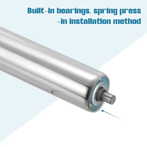 Close-up of stainless steel conveyor roller with galvanized end for assembly lines. Stainless Steel Conveyor Roller 2 Inch Diameter 14 Inch Length Heavy Duty Gravity Transmission Pro Grade Replacement Part With Galvanized End Silver Finish For Assembly Lines Warehouses And Manufacturing.