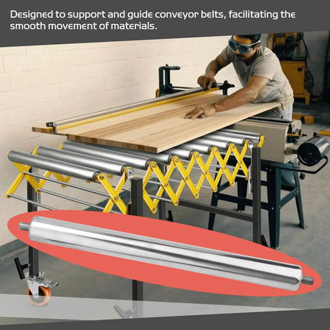 Worker using woodworking machinery with stainless steel conveyor roller, 1.5"Ø 16" length heavy duty gravity conveyor roller for smooth motion.