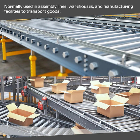 Assembly line with Two Pack Stainless Steel Conveyor Rollers, 2 Inch Diameter By 4 Inch Length, transporting boxes in facility