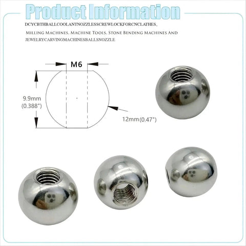 Ten Pack M6 12mm 304 Stainless Steel Ball Coolant Nozzles With Screw Lock For CNC Lathes And Milling Machines shown with dimensions