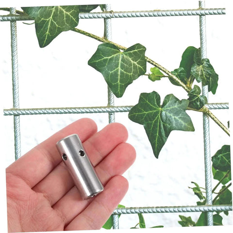 Hand holding stainless steel cord clamp with cross head screw for climbing plants and green walls trellis fixing