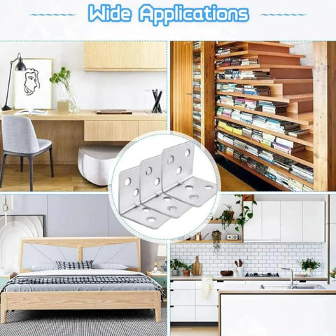 10 Pcs Stainless Steel Corner Bracket 90 Degree Right Angle L Bracket for furniture shown in various home applications.