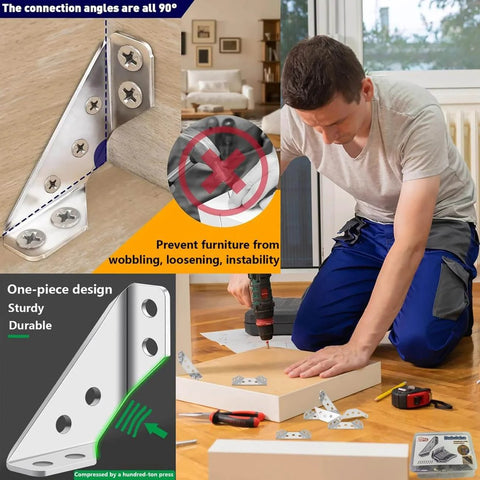 Person using Furniture Corner Connector - 20PCS Universal Stainless Steel L Brackets for Wood, Hardware Metal Angle Bracket Corner Braces