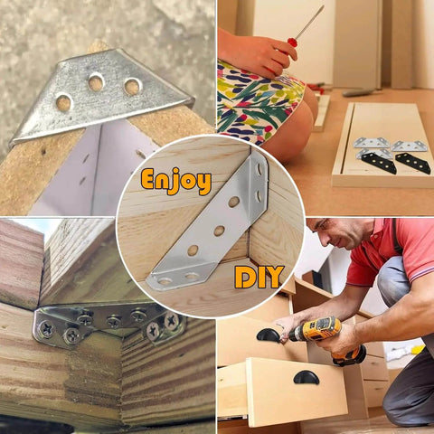 Collage of 20PCS Universal Stainless Steel L Brackets in various installations, showing smooth motion and stability on wood