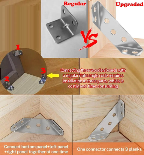 Comparison of regular vs upgraded Furniture Corner Connector - 20PCS Universal Stainless Steel L Brackets for Wood, installed on wood corners.