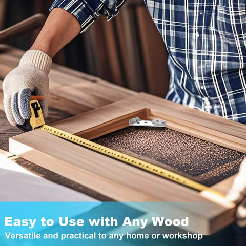 Person measuring wood frame with tape measure next to 12-Pack Premium Stainless Steel Corner Brackets for Wood Frame, Universal Metal Hardware Corner Braces with Screws, Wooden Furniture Corner Connectors Such as Drawers, Cabinets, Tables and Chairs designed for smooth motion and stable alignment in visible on frame