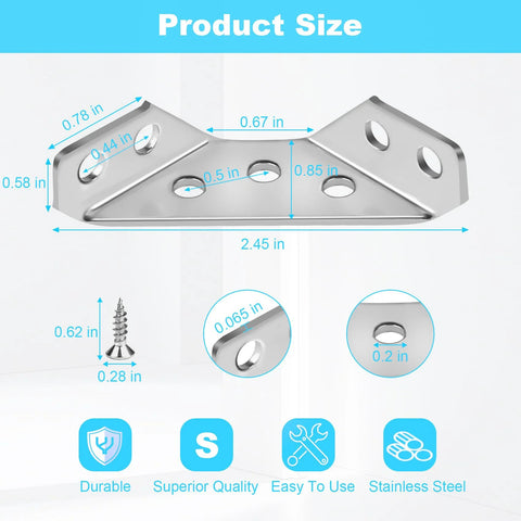 12-Pack Premium Stainless Steel Corner Brackets for Wood Frame, Universal Metal Hardware Corner Braces with Screws shown with measurements.