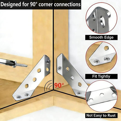 ✝️ L Brackets for Wood - 12PCS Corner Brackets Universal Stainless Steel Furniture Corner Connector, showing 90-degree installation