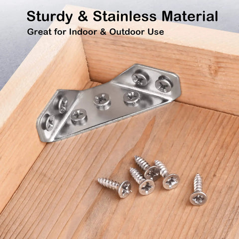 12-Pack Universal Stainless Steel Furniture Corner Connectors with Screws - Heavy Duty Triangular Support Brackets shown in a drawer corner